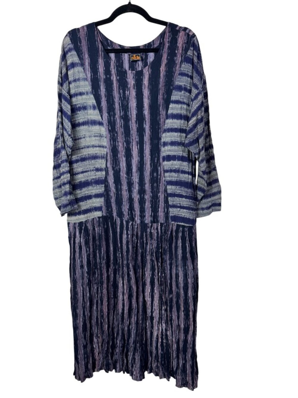 Kusnadi Blue Purple Crinkle Striped Long Sleeve Midi Dress Lagenlook large Artsy